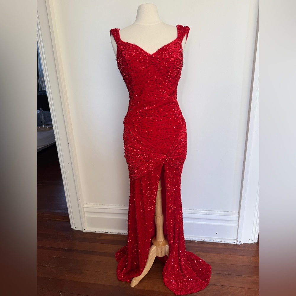 Red Sequin Formal Prom Gown with Front Slit